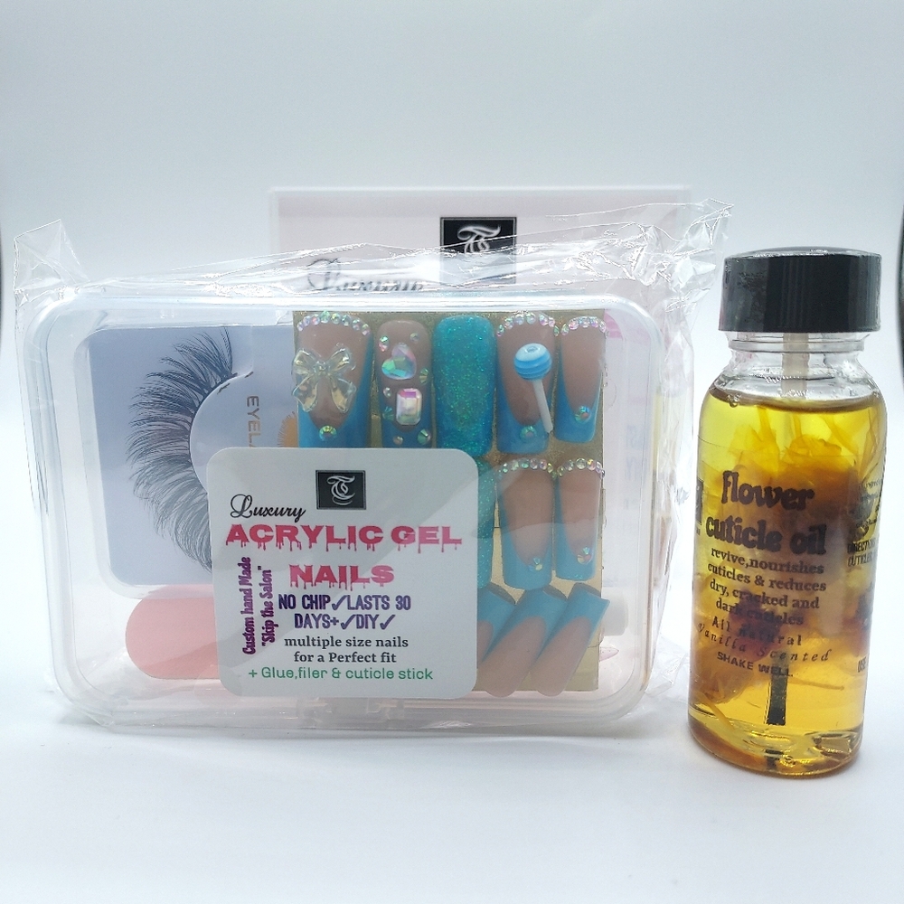 Acrylic Gel Nails with Eyelash Set+ FLOWER Cuticle Oil